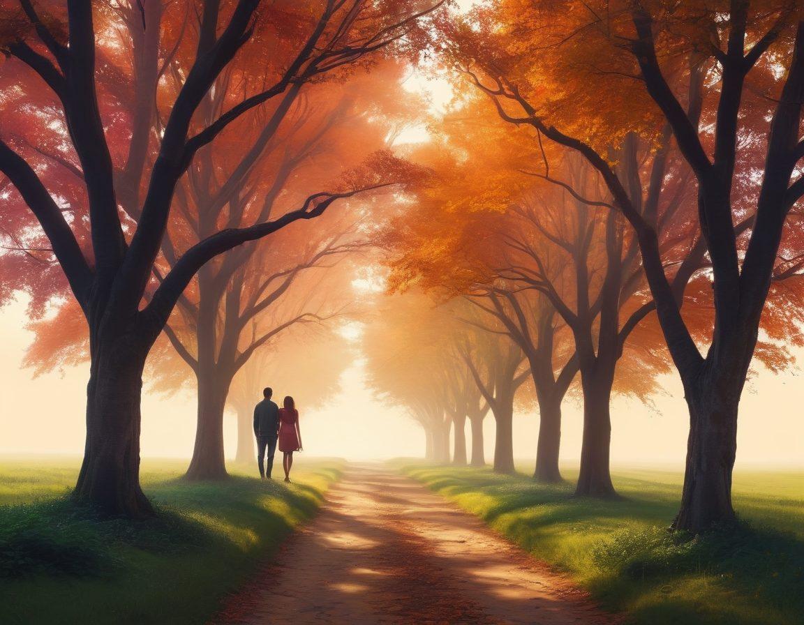 A pathway symbolizing the journey of intimacy, with intertwining trees representing flirtation and trust. The scenery gradually shifts from bright, playful colors at one end to deeper, more committed hues at the other, highlighting growth and connection. Include silhouettes of diverse couples at various stages of their journey, conveying emotions of joy and trust. ethereal lighting. warm tones. super-realistic.