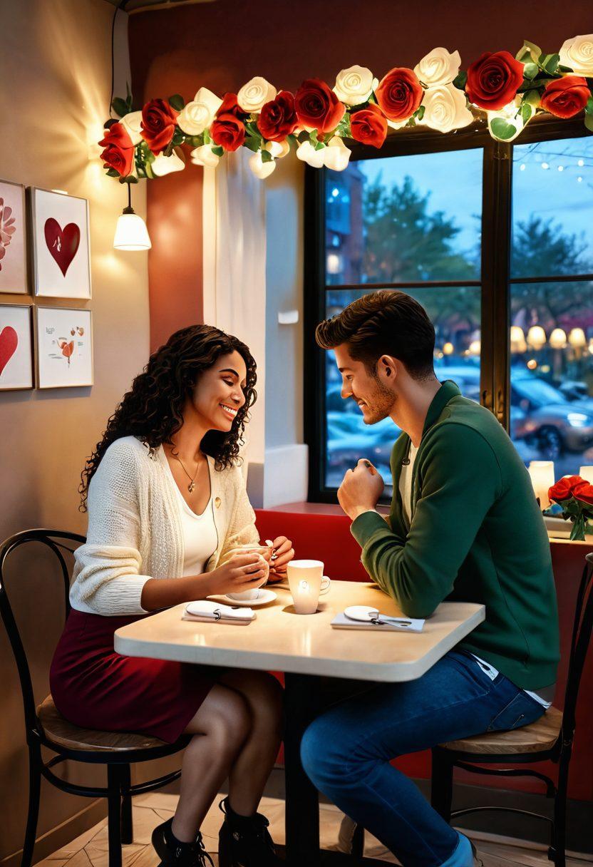 A warm and inviting scene featuring diverse couples sharing intimate moments in a cozy café, surrounded by heart-shaped décor and soft lighting. Include elements such as intertwined hands, shared laughter, and symbolic representations of love like roses and letters. Create an atmosphere that radiates connection and joy, capturing the essence of romantic bonds. vibrant colors. super-realistic.