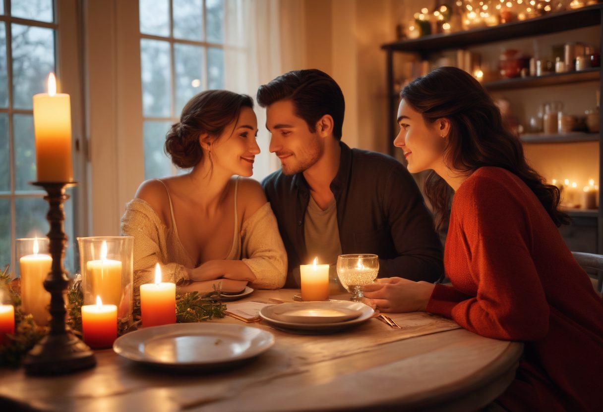 A cozy, intimate scene of a couple sitting across from each other at a beautifully set dinner table, surrounded by soft candlelight and romantic decorations. Their eyes reflect deep connection and understanding, with warm smiles and gentle gestures. Subtle background elements hint at secrets of lasting romance, like books on love and relationship tips on a shelf. The color palette is warm and inviting, with rich reds and soft golds. super-realistic. vibrant colors. soft focus.